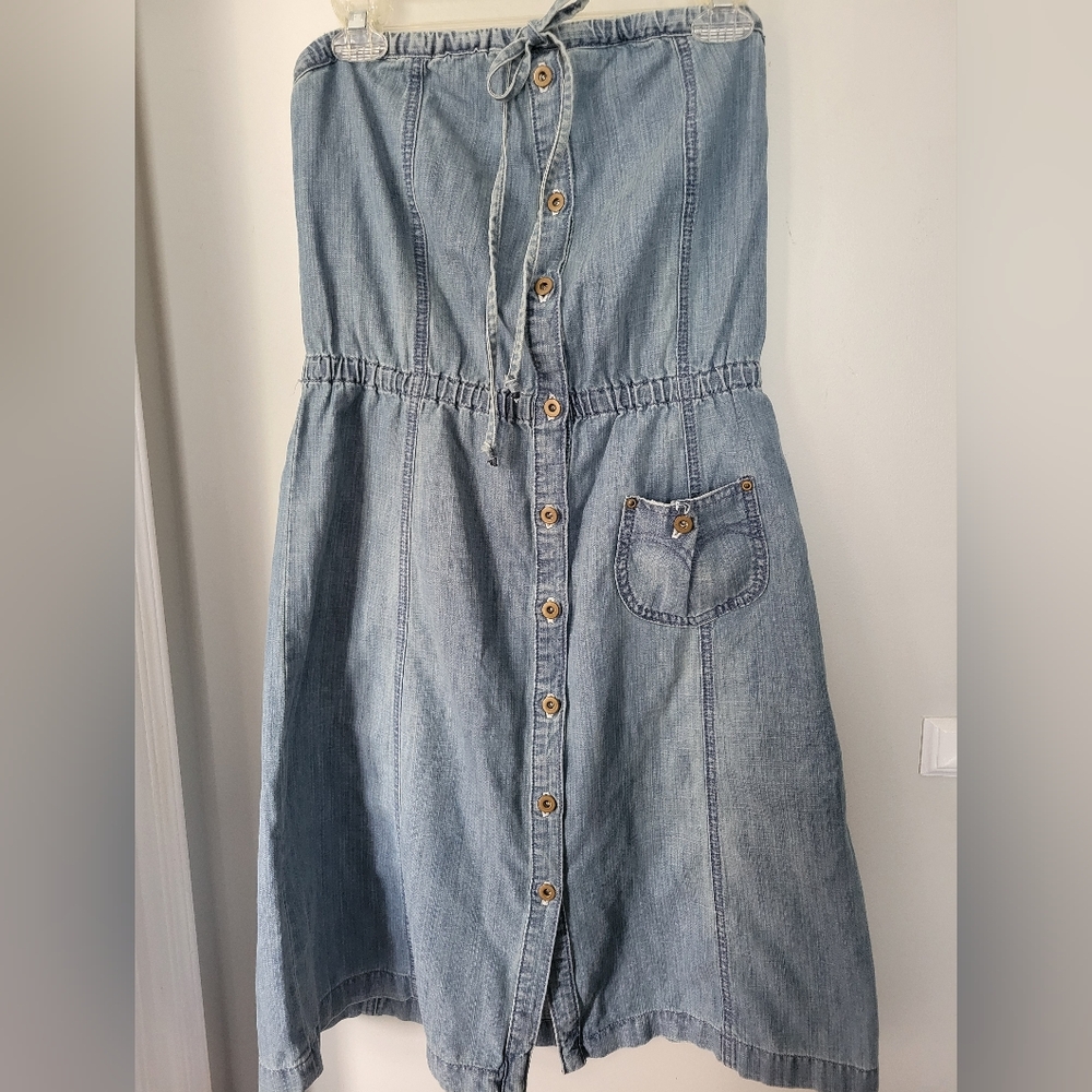 Y2K Levi's Strapless Cotton Denim Button Down Midi Length Dress - Picture 13 of 15